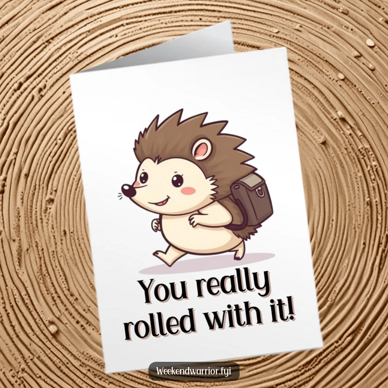 Funny Free Printable Congrats Card: A happy hedgehog with a backpack marches forward, signifying a successful stride.