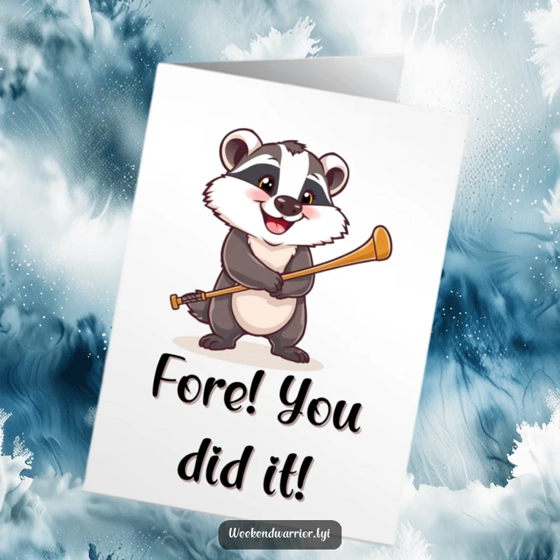 Funny Free Printable Congrats Card: A determined badger golfer celebrates a triumphant shot.