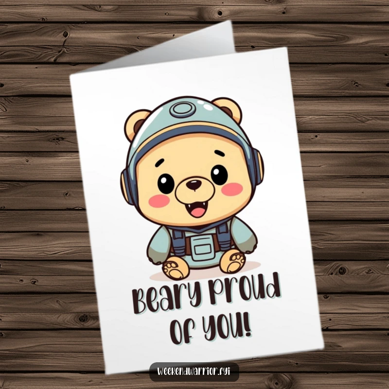 Funny Free Printable Congrats Card: A helmeted bear is ready to start a grand adventure.