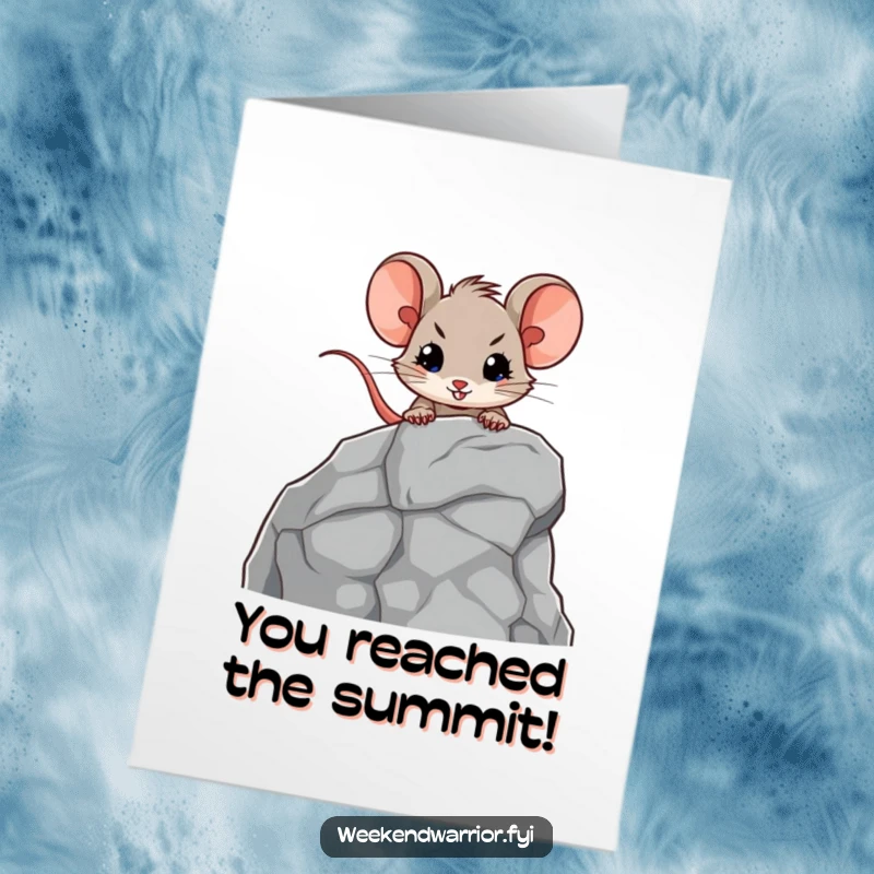 Funny Free Printable Congratulations Card: Tiny mouse hero scaling a miniature rock, celebrating a big achievement.