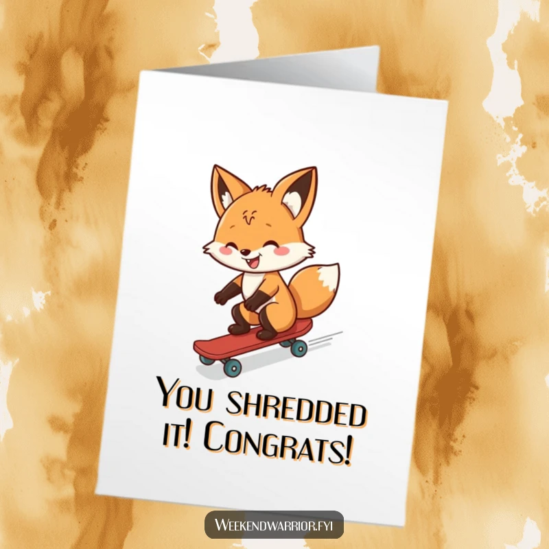 Free Printable Congratulations Card: A cheerful fox with a wide grin, joyfully skateboarding downhill at full speed.