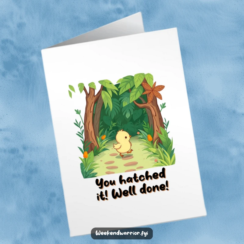 Free Printable Congratulations Card: Cute chick with tiny boots marches through a jungle, signifying a triumphant journey.
