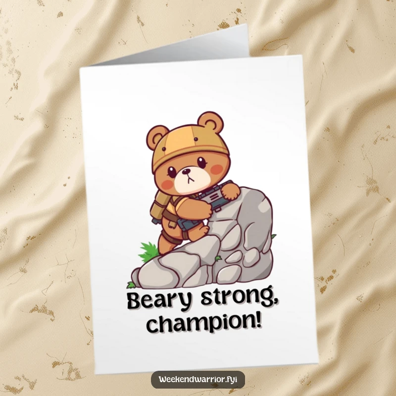 Funny Free Printable Congrats Card: A tenacious bear in combat gear triumphantly scaling a rock face, celebrating achievement.