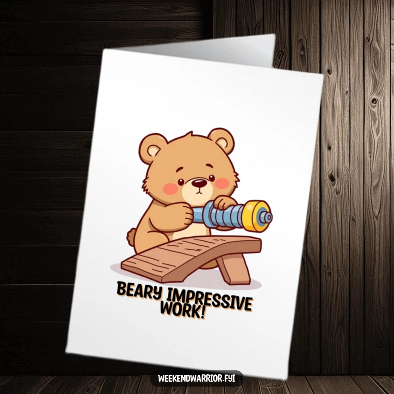 Funny Free Printable Congratulations Card: a determined bear intently tightening a bolt on a ramp, celebrating accomplishment and focused effort.