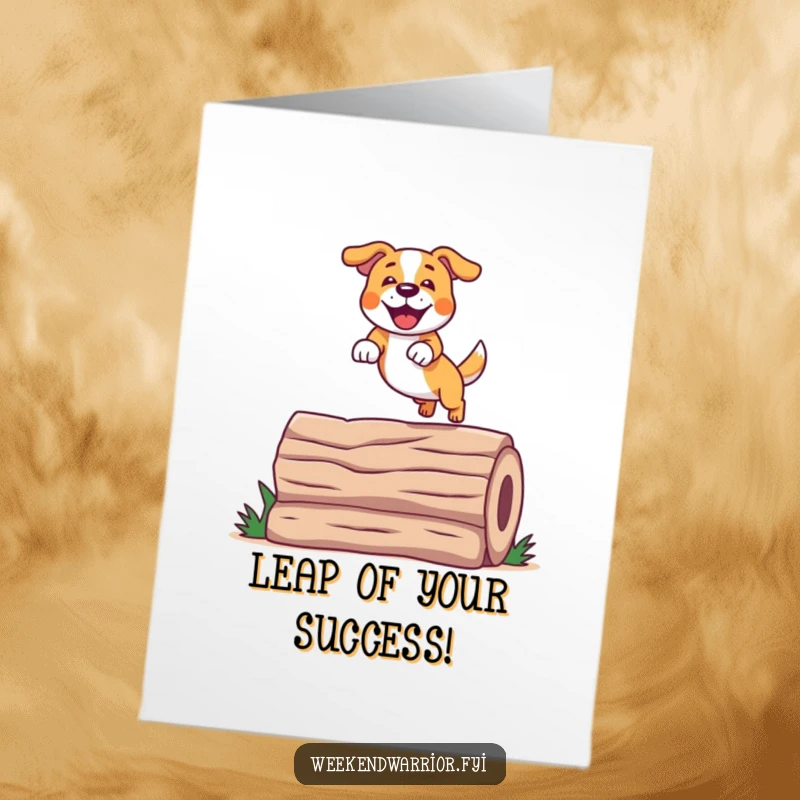 Funny Free Printable Congratulations Card: An athletic dog performing an impressive jump over a log, celebrating a milestone. Downloadable art.