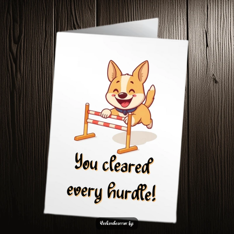 Funny Free Printable Congrats Card: A smiling dog energetically bounds through a miniature obstacle course, symbolizing a successful challenge.