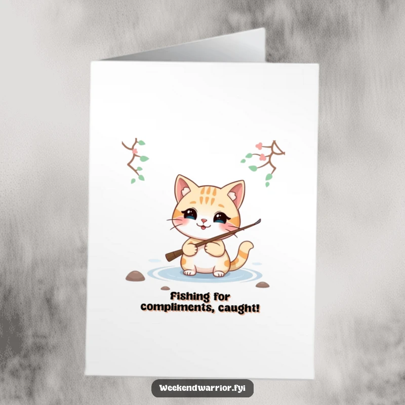 Funny Free Printable Congratulations Card: Smiling cat character with fishing rod by a lake celebrates success, symbolizing a great catch.