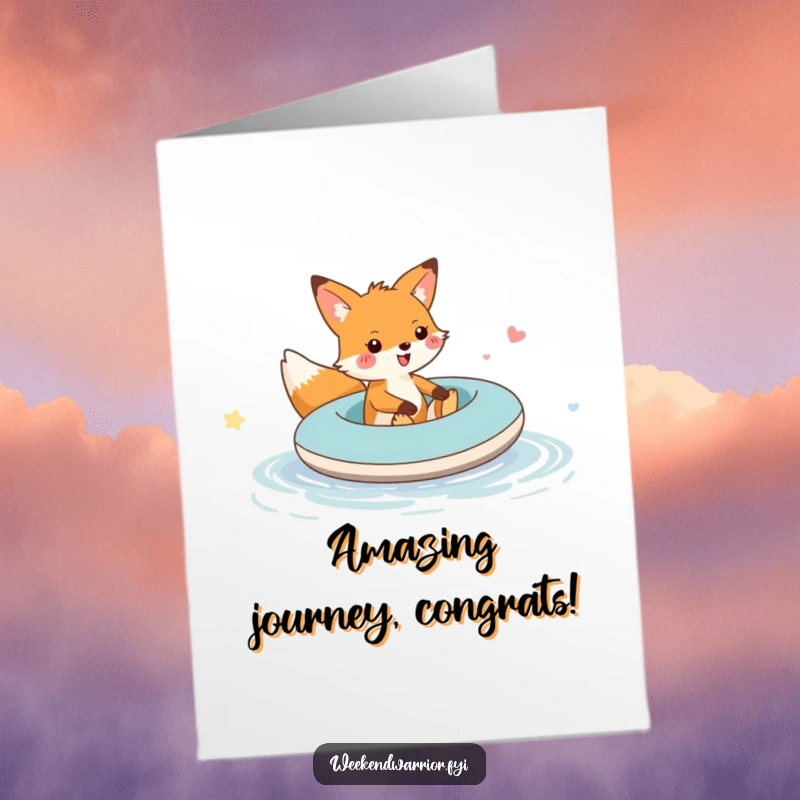 Funny Free Printable Congratulations Card: A gleeful fox paddles an inflatable raft across a puddle, signifying overcoming small obstacles.