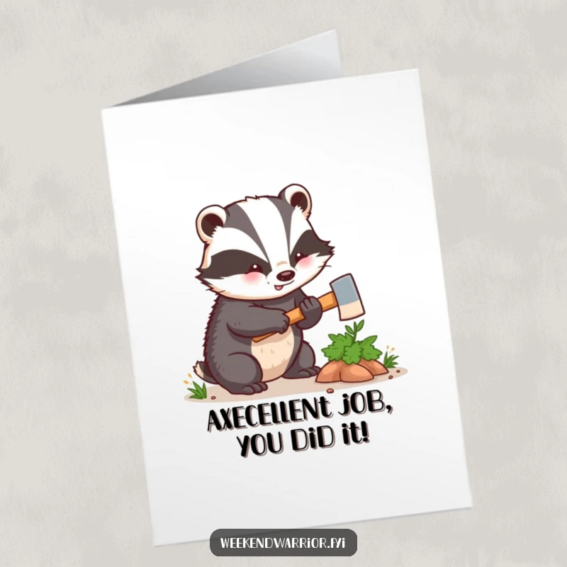Funny Free Printable Congrats Card: Kawaii badger with tiny axe hacking a bush, celebrating success.
