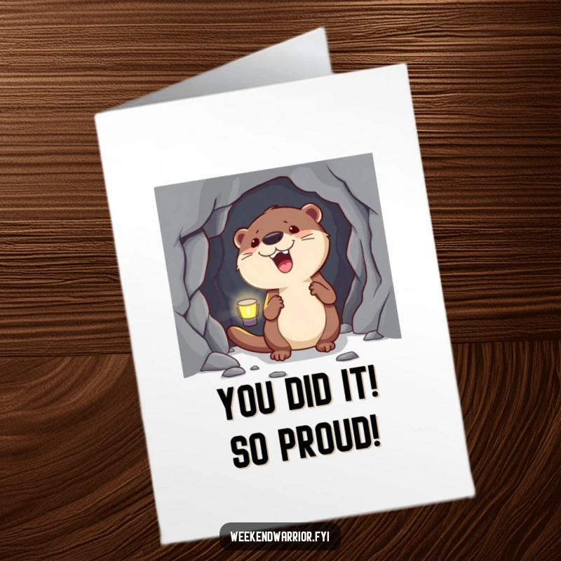 Free Printable Congratulations Card: Goofy otter in headlamp discovers a cave, symbolizing new achievements and explorations.