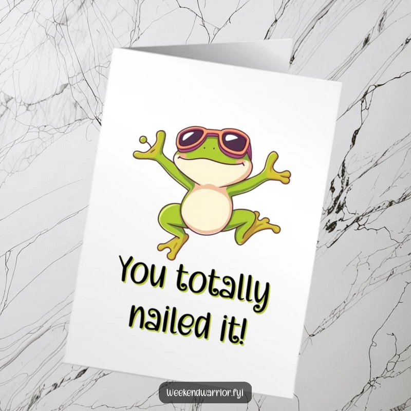 Funny Free Printable Congratulations Card: A gleeful frog wearing goggles lands a spectacular jump, symbolizing outstanding achievement and success.