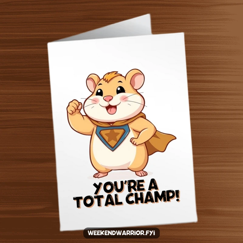 Funny Free Printable Congratulations Card: A muscular hamster superhero wears a cape and flexes a tiny bicep for an epic win.