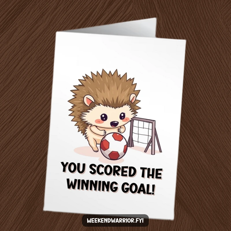 Funny Free Printable Congratulations Card: A determined hedgehog rolls a ball towards a goal, celebrating a hard-earned victory.