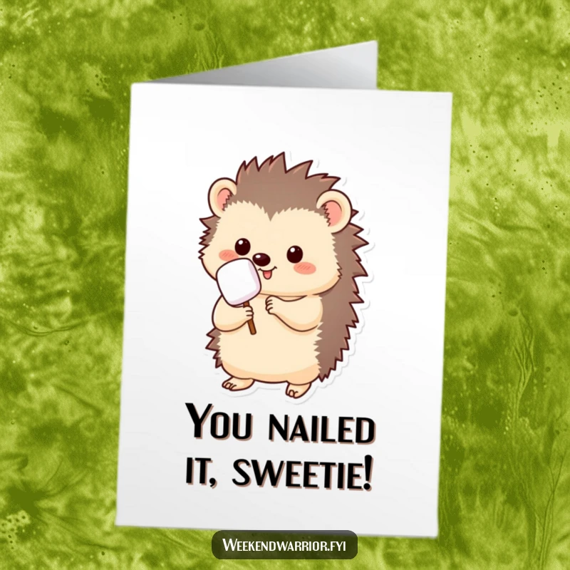Funny Free Printable Congratulations Card: Kawaii hedgehog expertly roasts a mini marshmallow on a stick, a sweet symbol of achievement, ready to download.