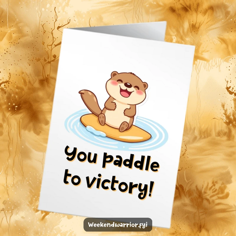 Funny Free Printable Congratulations Card: Happy otter character paddleboarding jubilantly, celebrating a successful journey.