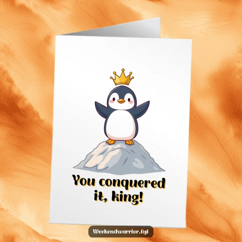 Funny Free Printable Congratulations Card: Penguin standing proudly on hill, embodying victory, a great downloadable gift.