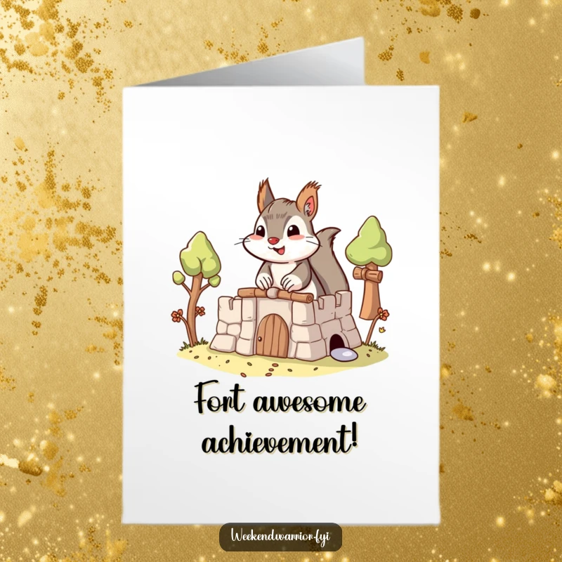 Funny Free Printable Congratulations Card: A squirrel meticulously building an impressive fort, symbolizing accomplishment. Downloadable art.