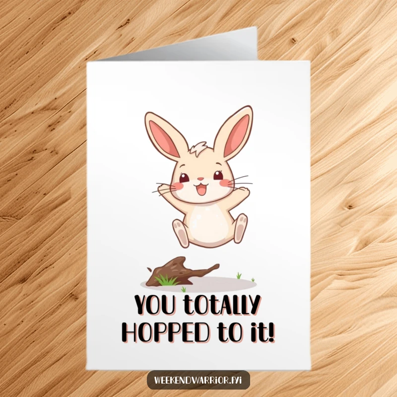 Funny free printable congratulations card showing a playful rabbit triumphantly leaping over a twig, celebrating success.