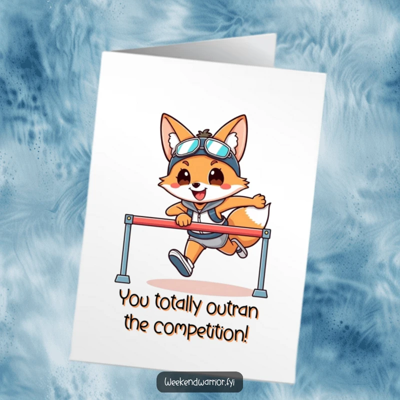 Funny free printable congratulations card featuring a smiling fox in athletic gear clearing a hurdle with impressive athleticism.