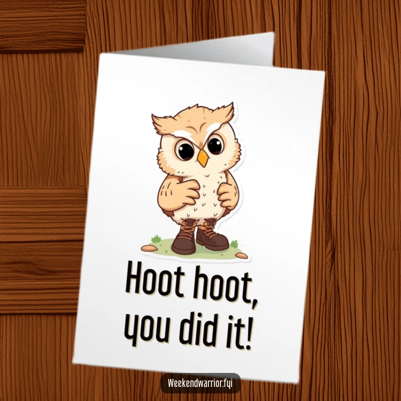 Funny Free Printable Congratulations Card: Curious owl character adjusting hiking boots, symbolizing readiness for new challenges and achievements.
