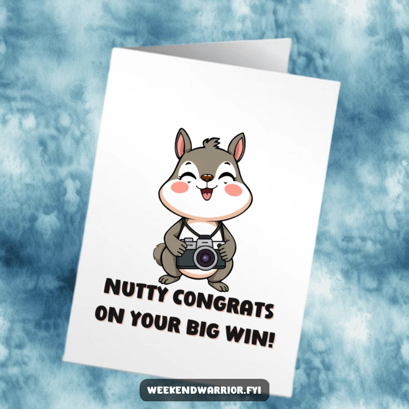 Funny Free Printable Congratulations Card: An energetic cartoon squirrel with a camera, capturing the essence of achievement and celebration.