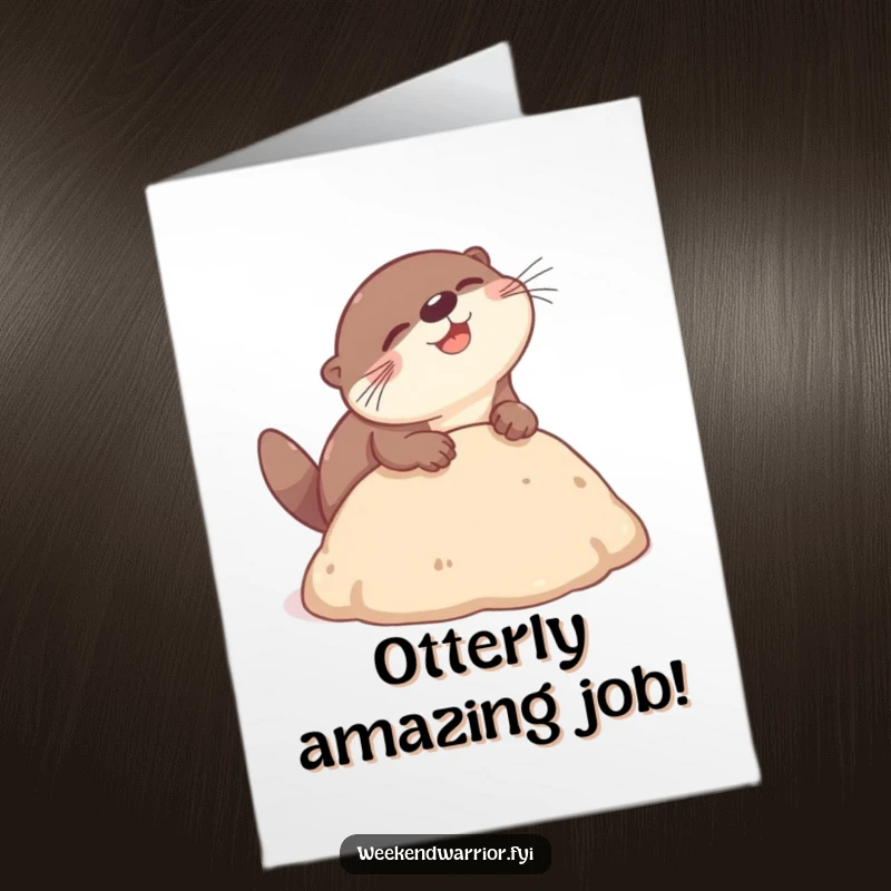 Funny Free Printable Congrats Card: A joyful otter makes a triumphant diving headbutt into a soft mound, celebrating achievement.