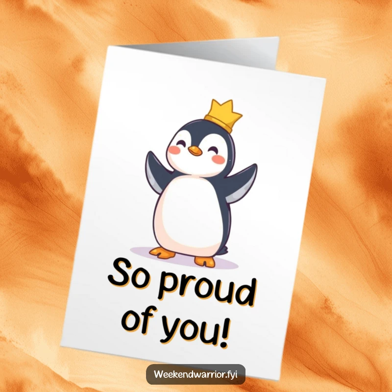 Funny Free Printable Congratulations Card: A triumphant penguin stands proudly, chest puffed out, having just completed a difficult task with flair.
