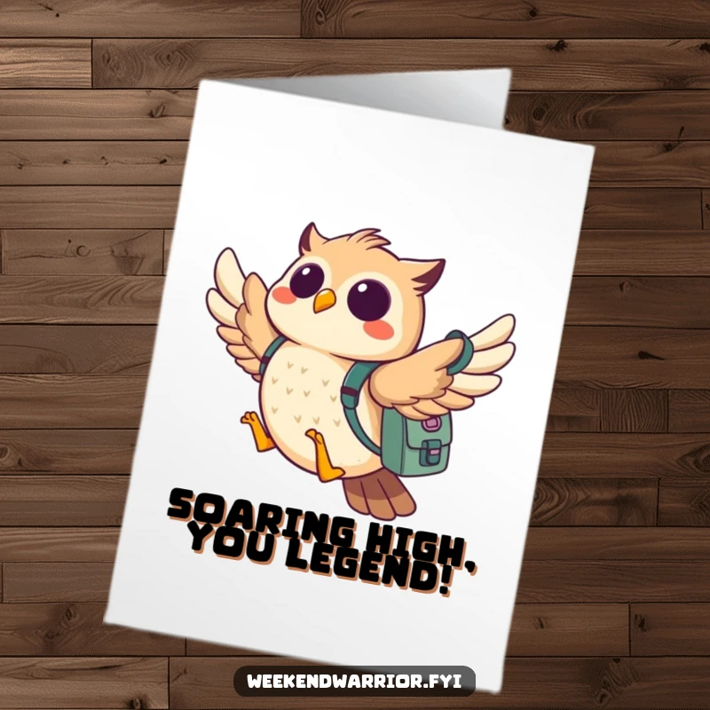 Funny Free Printable Congrats Card: A cheerful owl flies with a backpack, signifying a fantastic new adventure.