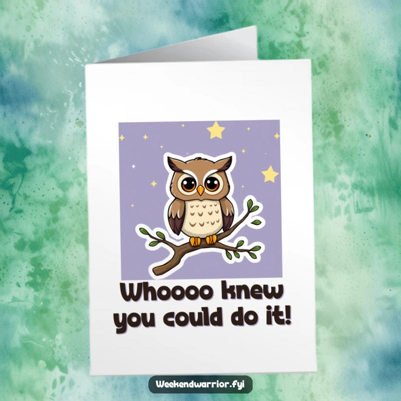 Funny Free Printable Congratulations Card: A wise, curious owl on a branch, observing a new milestone. Whimsical and thoughtful downloadable art.