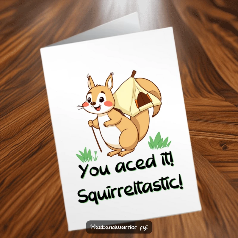 Funny Free Printable Congratulations Card: Squirrel carrying a tent on its back, celebrating a successful adventure or milestone with glee.