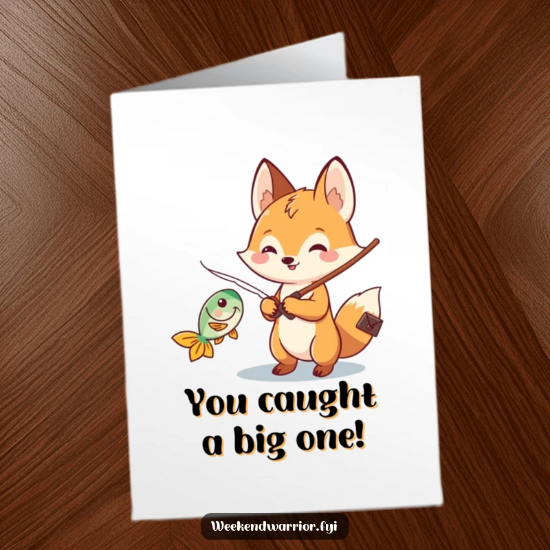 Funny Free Printable Congratulations Card: Cheerful Kawaii fox character proudly reeling in a fish, celebrating a catch.