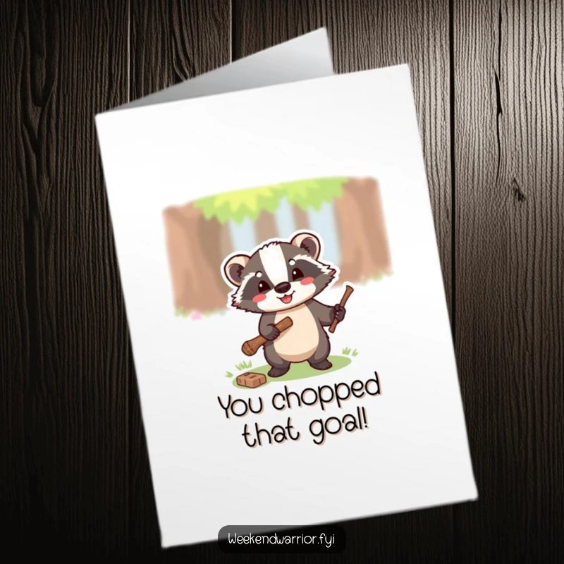 Funny Free Printable Congratulations Card: A happy badger energetically chopping a small twig with a little axe.