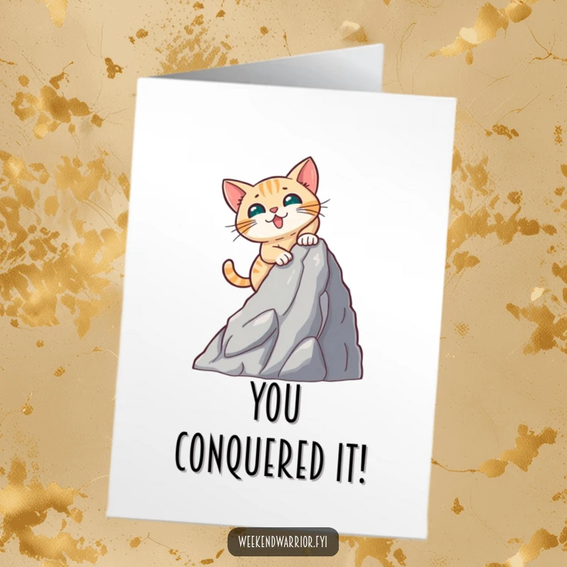 Funny Free Printable congratulations card depicting a brave cat enthusiastically scaling a mock mountain, a symbol of overcoming challenges.