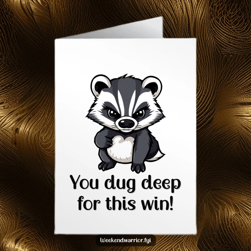 Funny Free Printable Congratulations Card: Cartoon badger with grit, celebrating an achievement with unwavering, humorous determination. A unique downloadable gift.