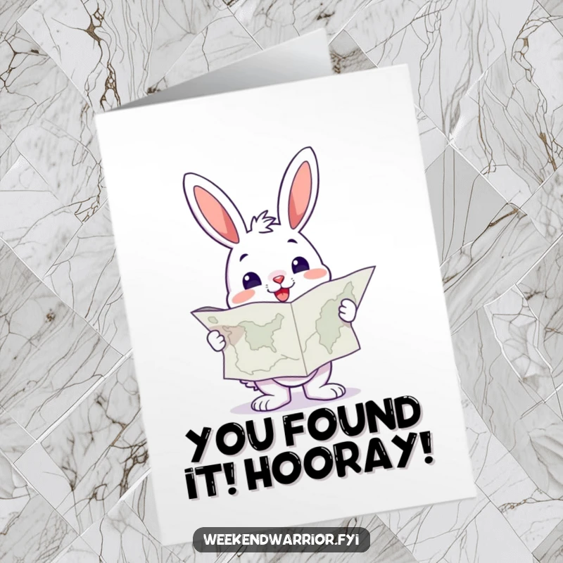 Free Printable Congratulations Card: Cheerful bunny holding a big map looks determined, celebrating a successful journey.