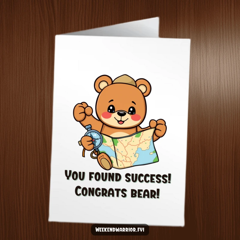 Funny Free Printable Congratulations Card: A cheerful cartoon bear with a map and compass, symbolizing guidance and achievement.