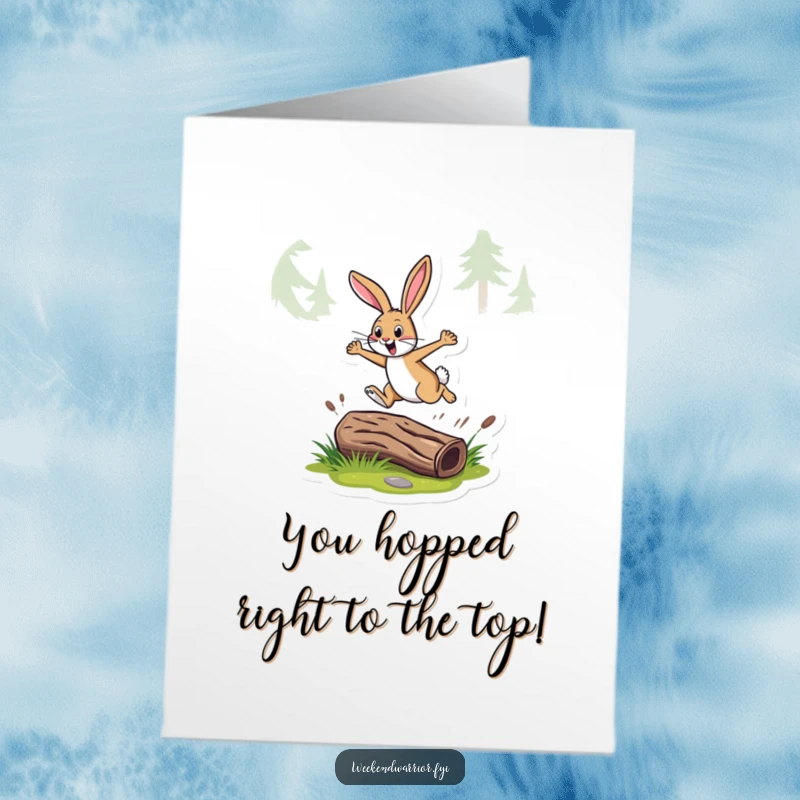Funny Free Printable Congratulations Card: Energetic rabbit leaping over a log, representing success and overcoming hurdles, a great downloadable gift.
