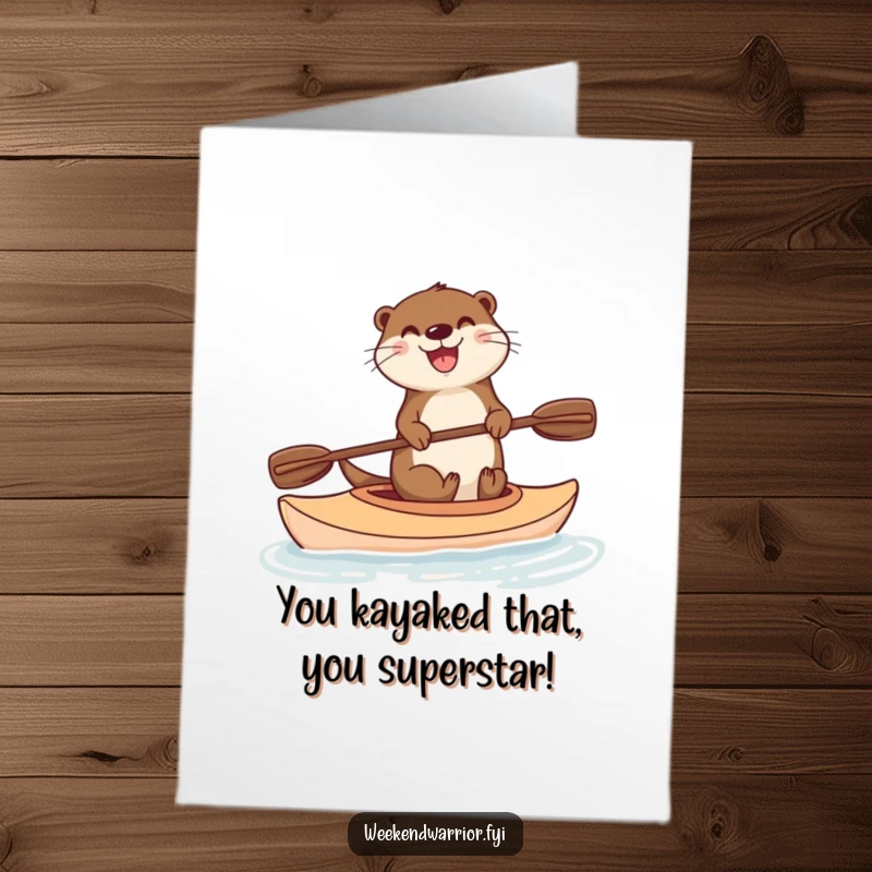 Funny Free Printable Congratulations Card: Delighted otter kayaking with paddle, celebrating success with a splashy, humorous vibe.