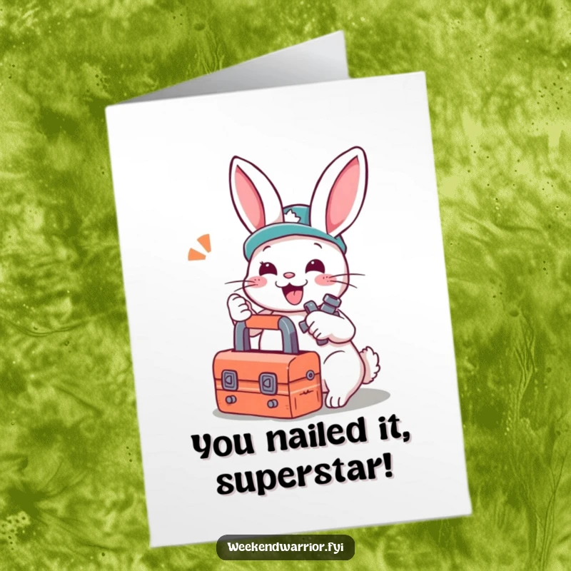 Funny Free Printable Congrats Card: A cartoon rabbit mechanic with a toolbox gleefully tightens a bolt, symbolizing a job well done.