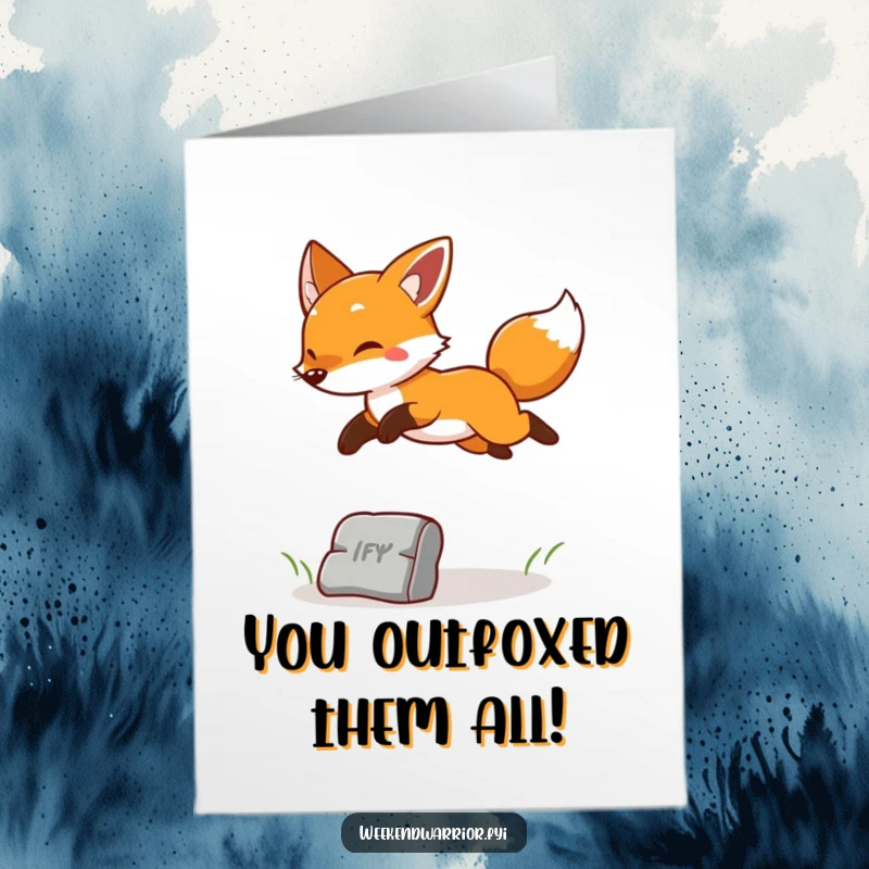 Funny Free Printable Congratulations Card: a cheerful fox leaping over an obstacle with pure playful energy, celebrating success with enthusiasm.