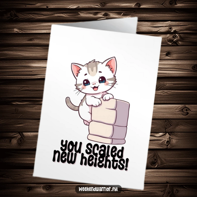 Cute Free Printable Congratulations Card: A curious kitten beams with a smile as it ascends a small climbing wall, celebrating a big win.