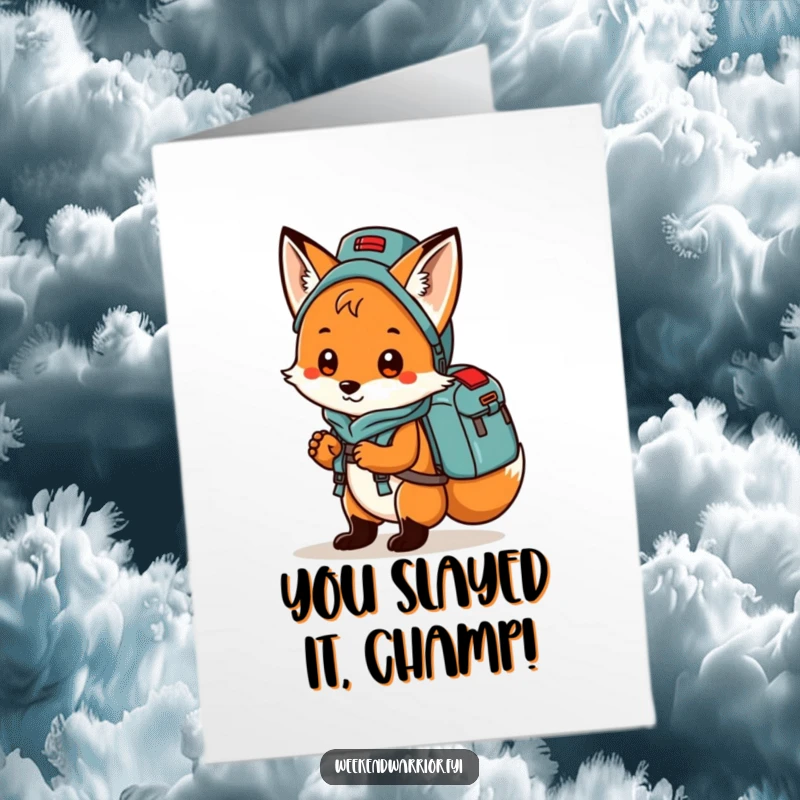 Funny free printable congratulations card: A playful fox with a camping backpack ready to celebrate your amazing accomplishment.