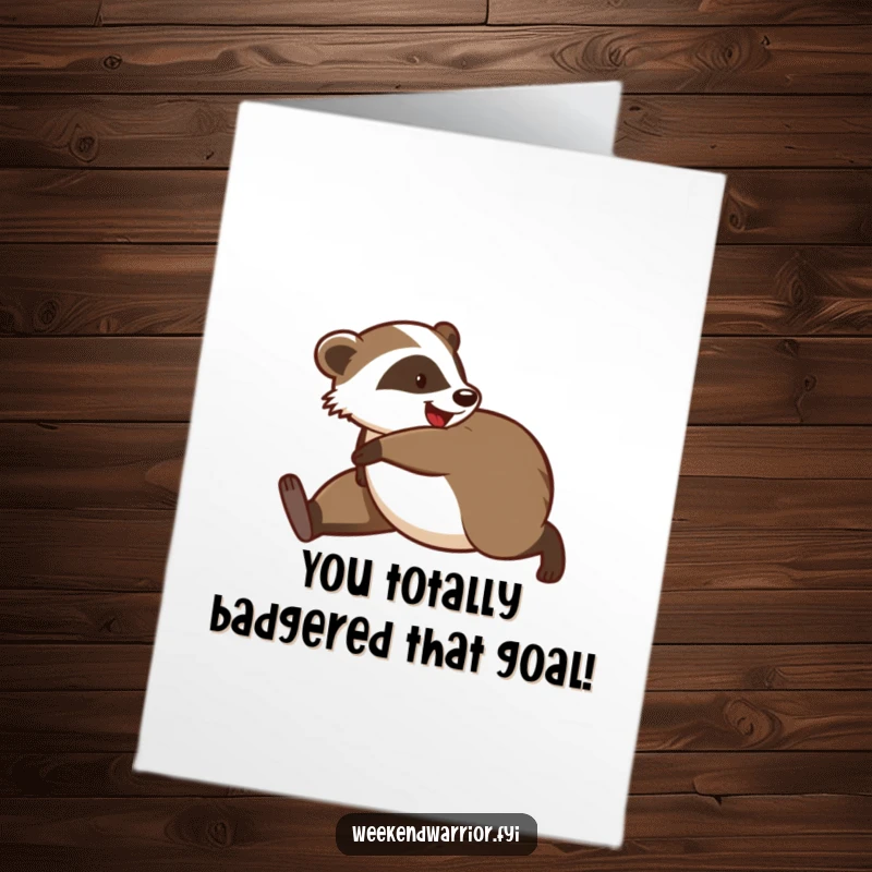 Funny Free Printable Congratulations Card: Playful badger stretching, embodying energy and determination for a congratulatory message, a perfect downloadable gift.