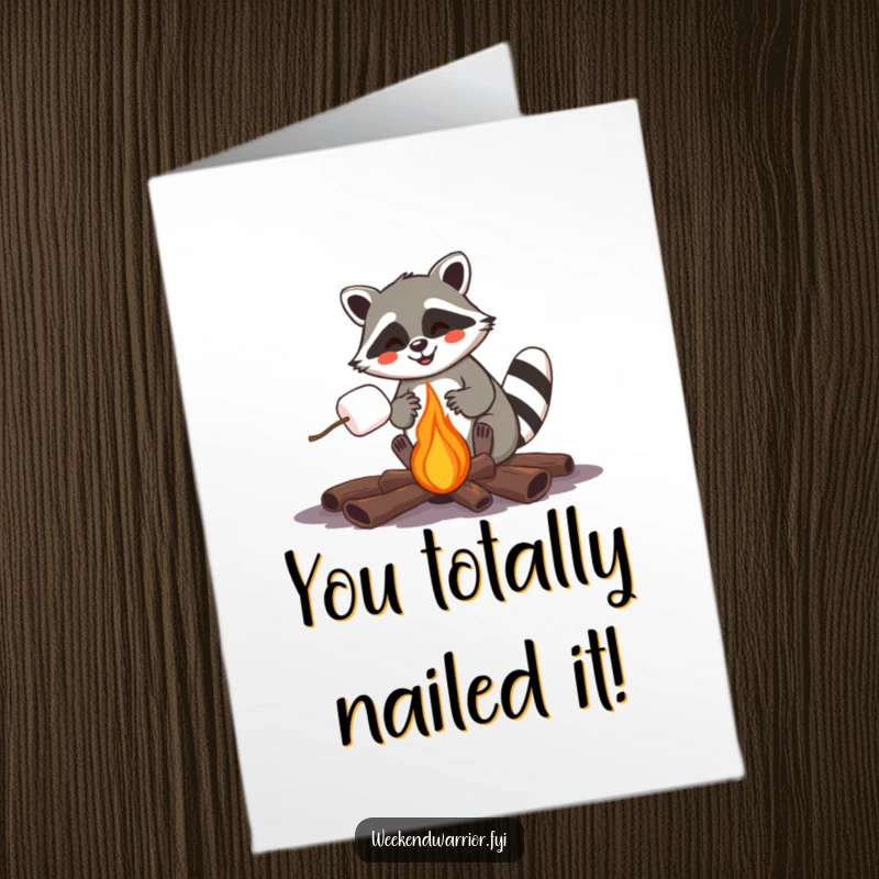 Funny Free Printable Congratulations Card: Joyful raccoon roasting a marshmallow over a campfire, celebrating a sweet victory with laughter.
