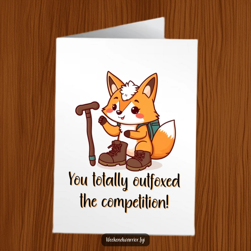Funny Free Printable Congratulations Card: A playful cartoon fox with hiking boots and a walking stick, marking progress and achievement.