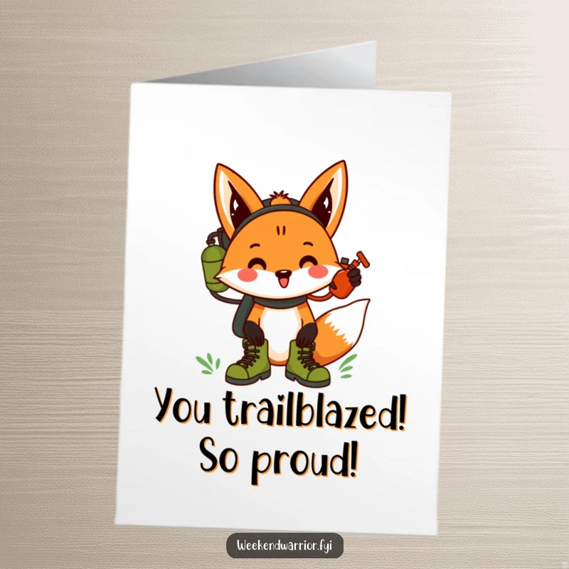 Funny Free Printable Congratulations Card: Cheering fox in hiking boots and canteen, celebrating a successful venture with a funny, spirited attitude.