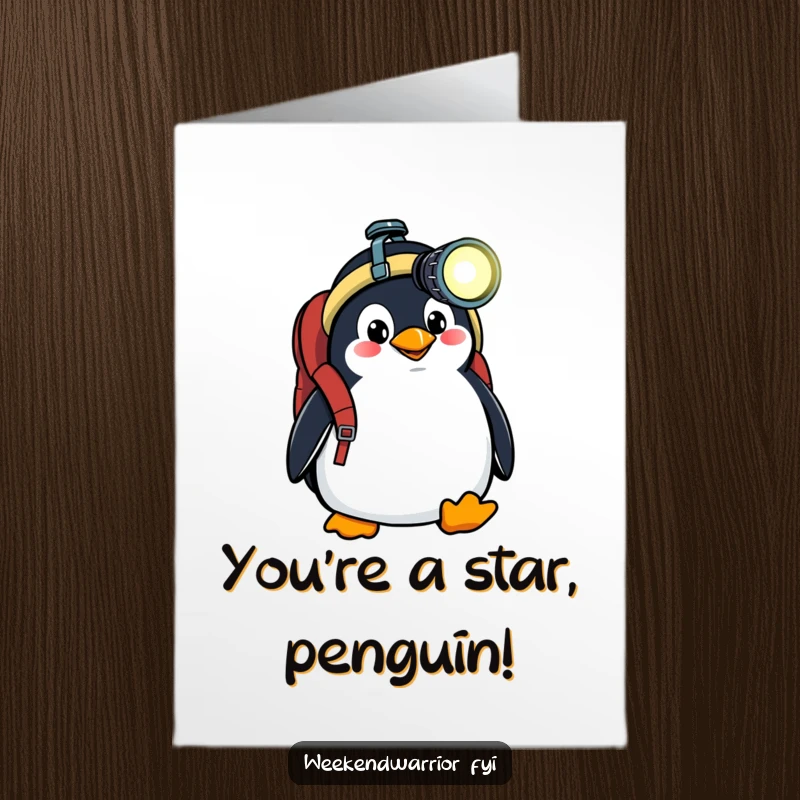 Funny Free Printable Congratulations Card: Goofy penguin with a backpack and headlamp, signifying a journey of success, a great downloadable gift.