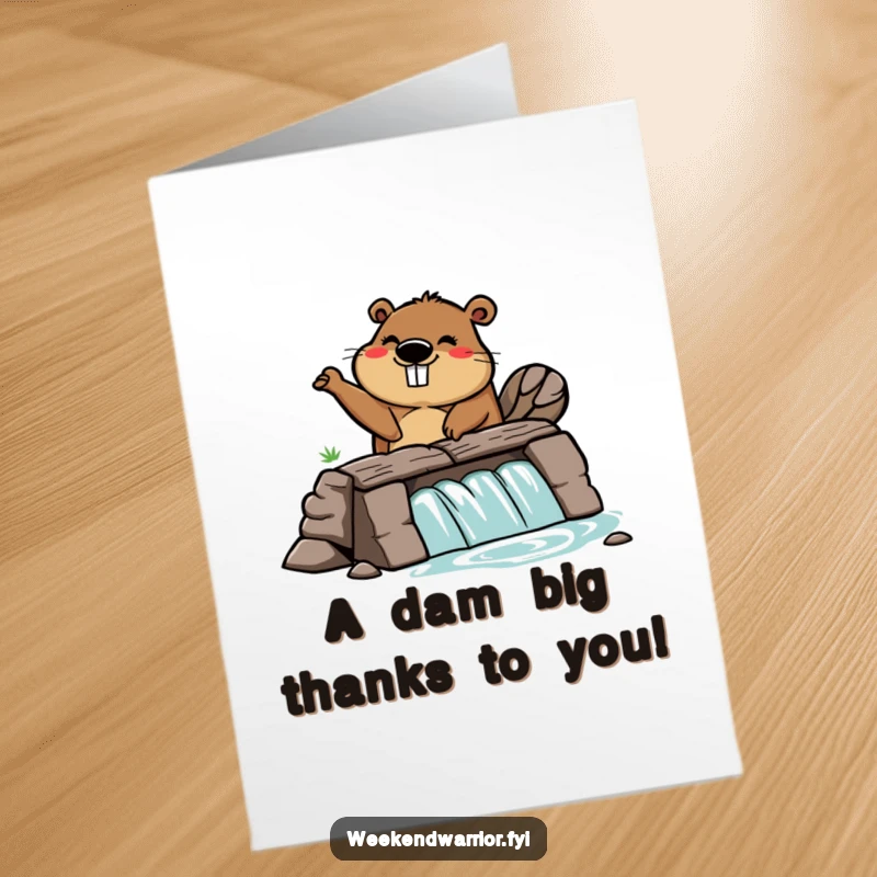 Funny Free Printable Thank You Card: A cartoon beaver with a wide grin, energetically building a dam. A construction-themed thank you.