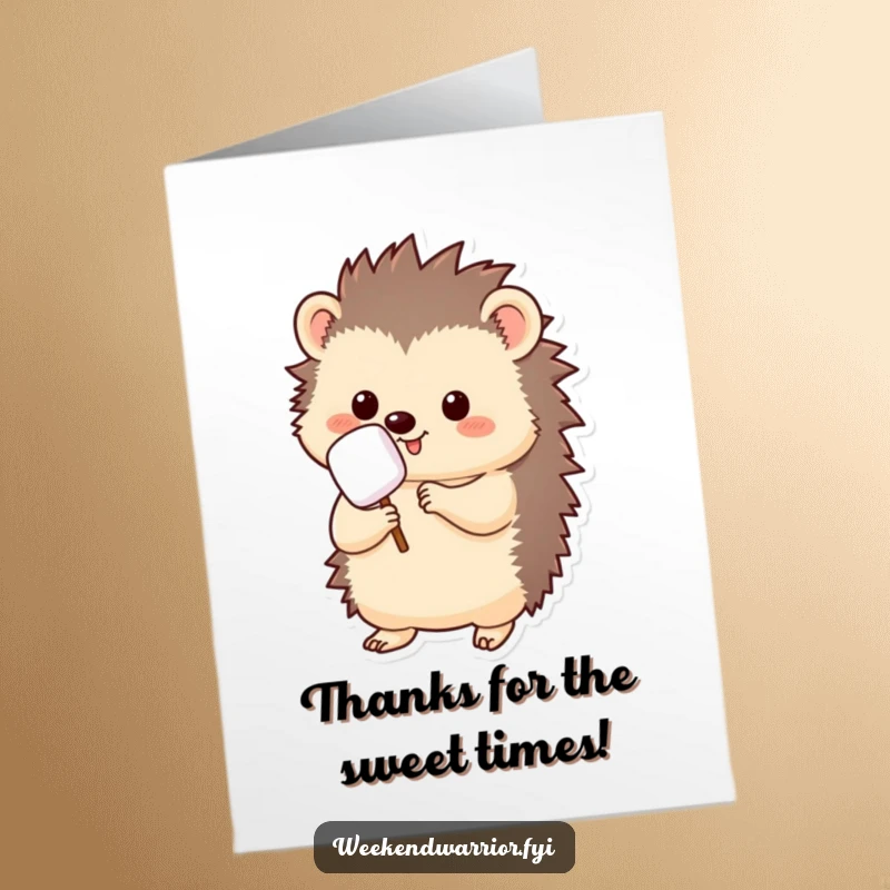 Funny Free Printable Thank You Card: Kawaii hedgehog holding a toasted marshmallow on a stick, expressing thanks with a cute, delicious gesture, printable now.