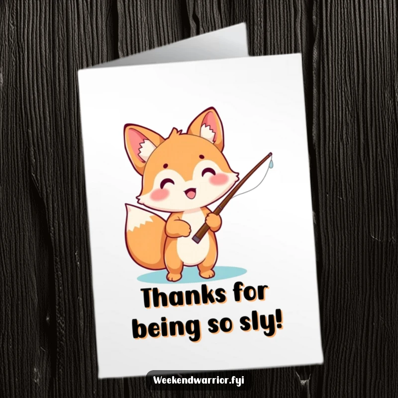 Funny Free Printable Thank You Card: An excited kawaii fox holds a fishing rod, thanking you for a wonderful time.